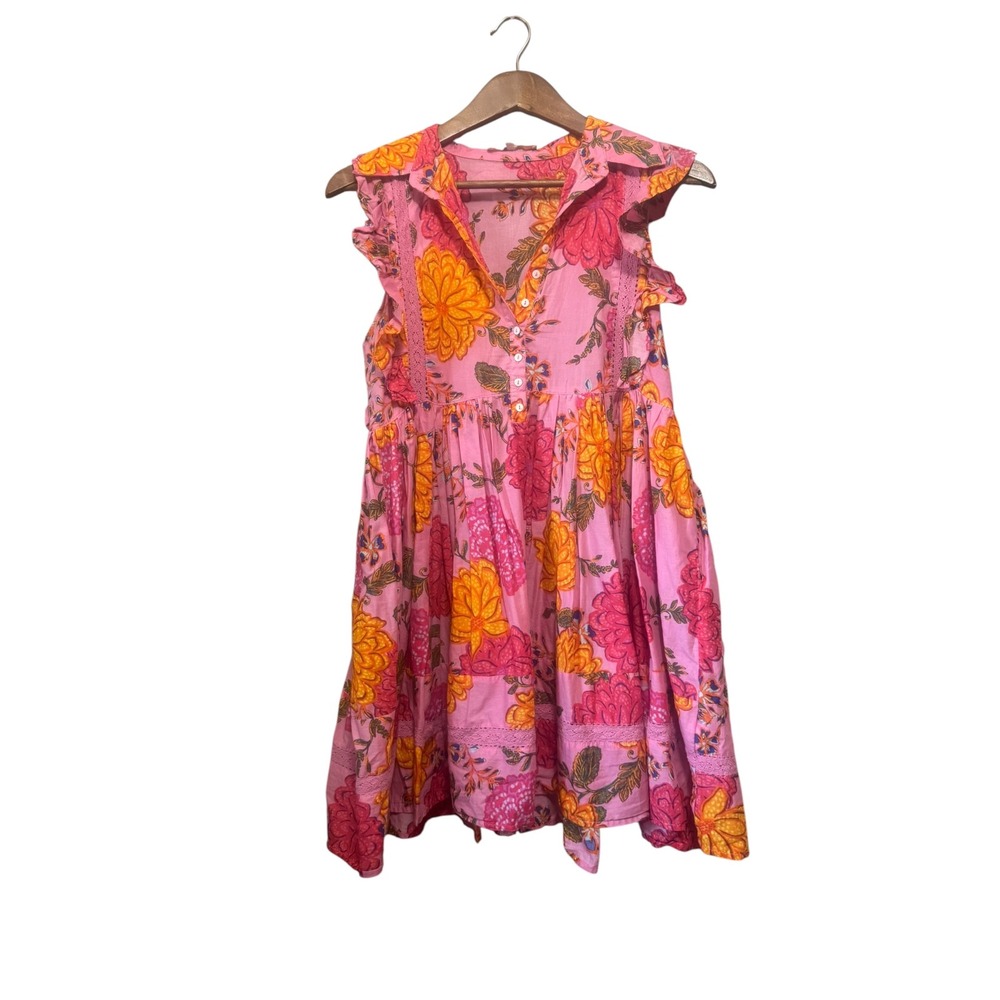Olivaceous Floral Mini Dress Womens Small Pink Orange Ruffle Cotton Excellent